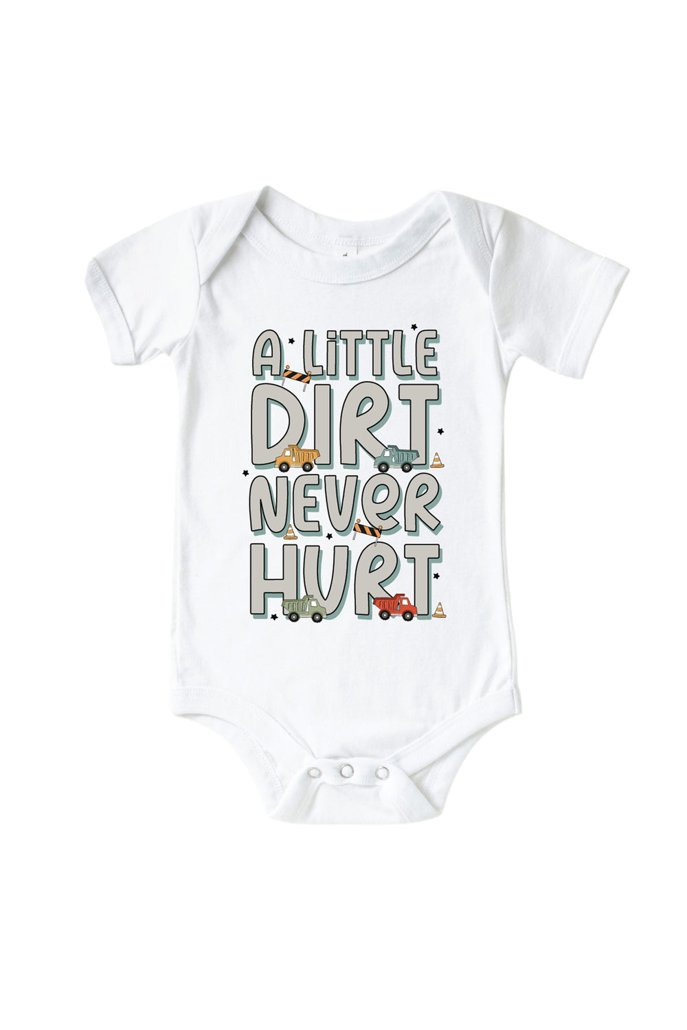 Flat lay of a Caden Lane white short-sleeve bodysuit in a Busy Builder print featuring four dump trucks tucked among stacked letters reading "A little dirt never hurt."