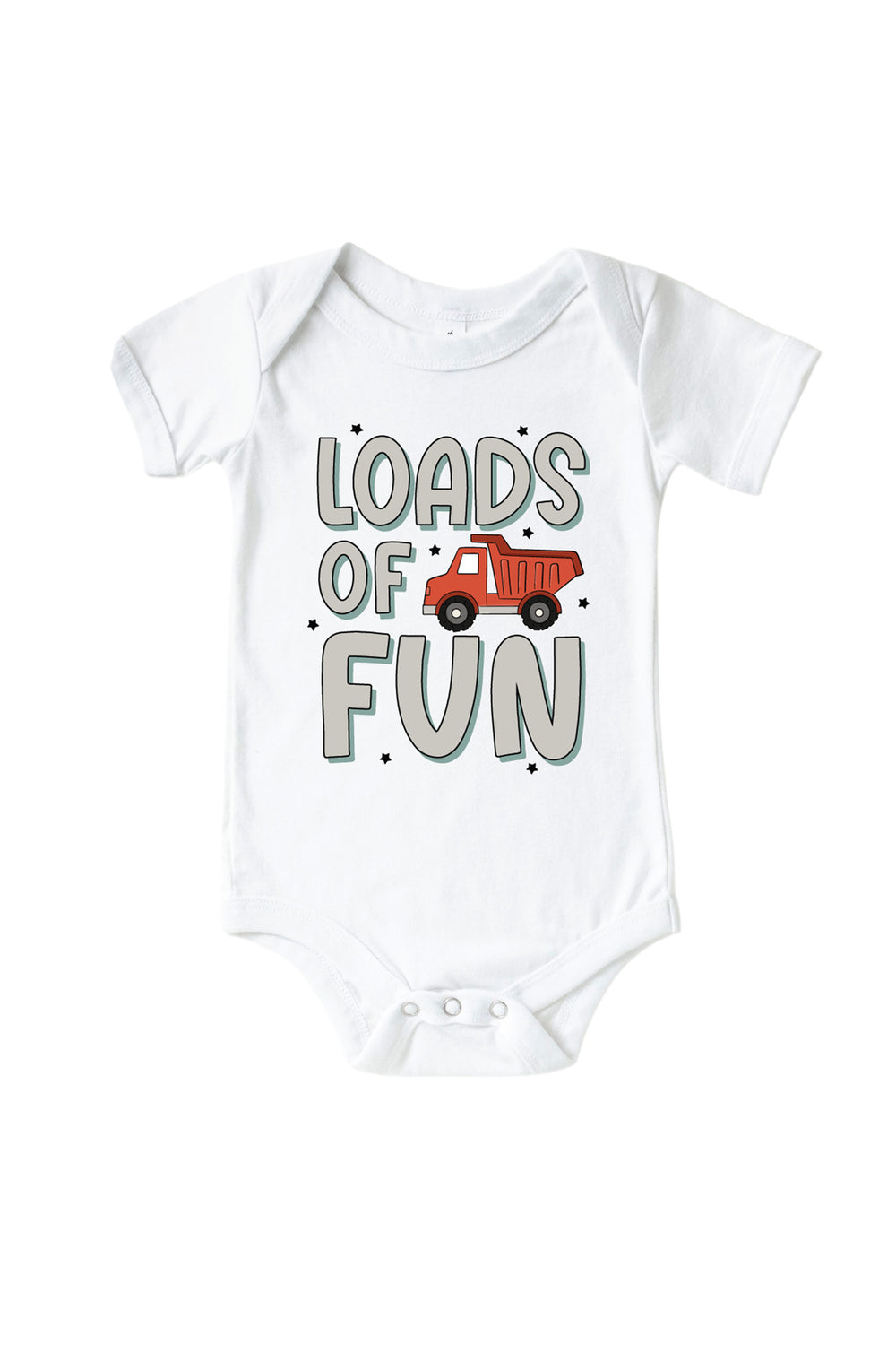 Flat lay of a Caden Lane white short-sleeve bodysuit in a Busy Builder print featuring a single red dump truck beside the words "Loads of fun."