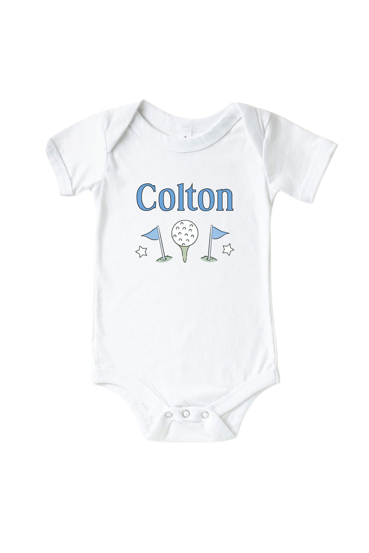 personalized blue golf graphic bodysuit in white, caddie crew, flat lay