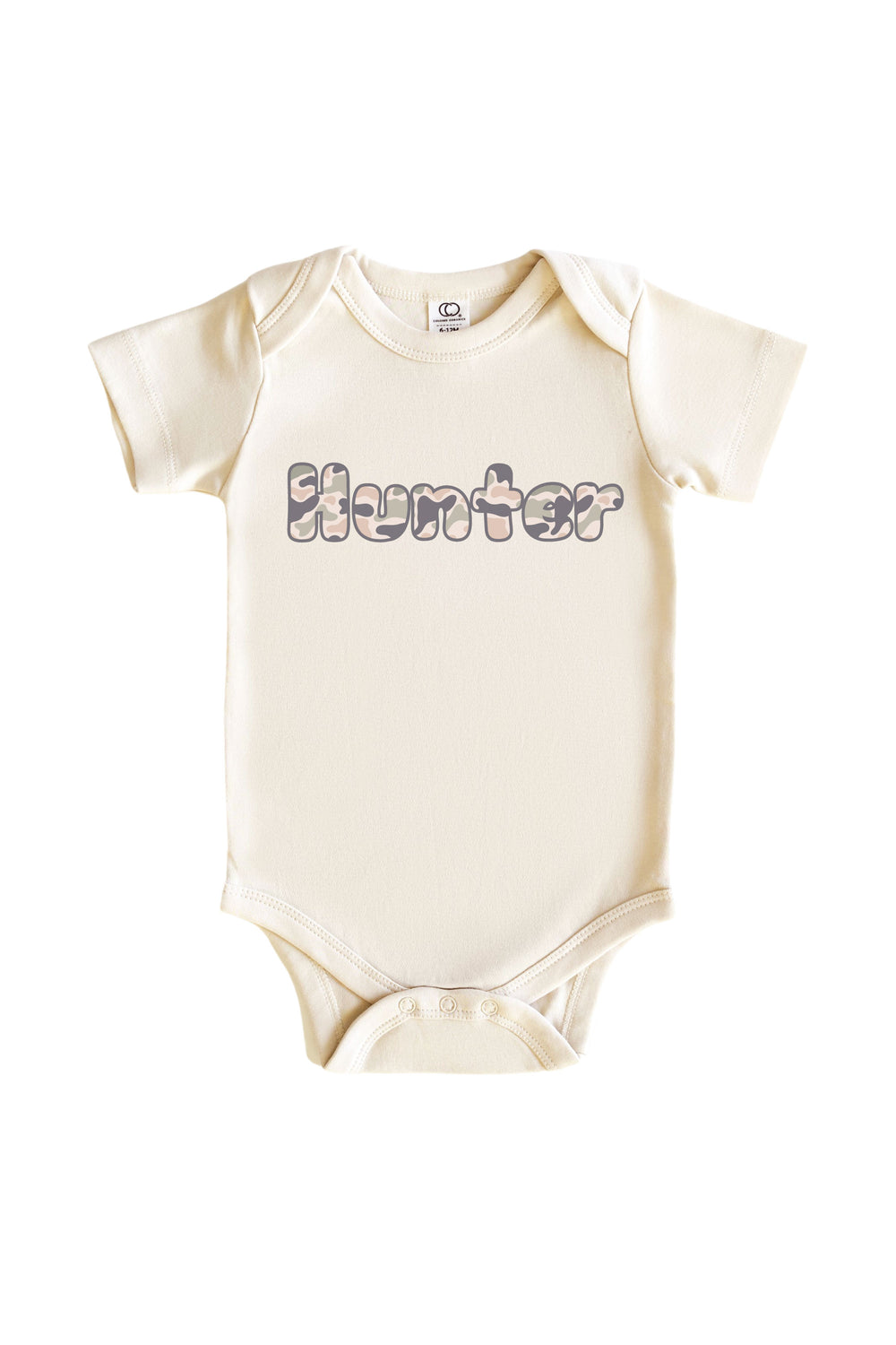 Natural cream baby onesie bodysuit with personalized camo-print name graphic on chest