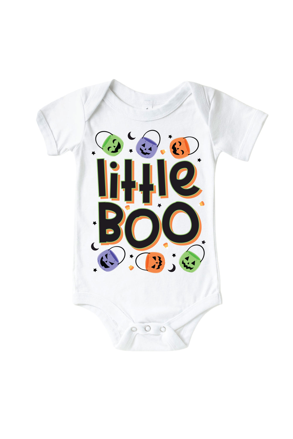 White baby bodysuit with bold black 'Little BOO' lettering surrounded by colorful jack-o-lantern faces and crescent moons