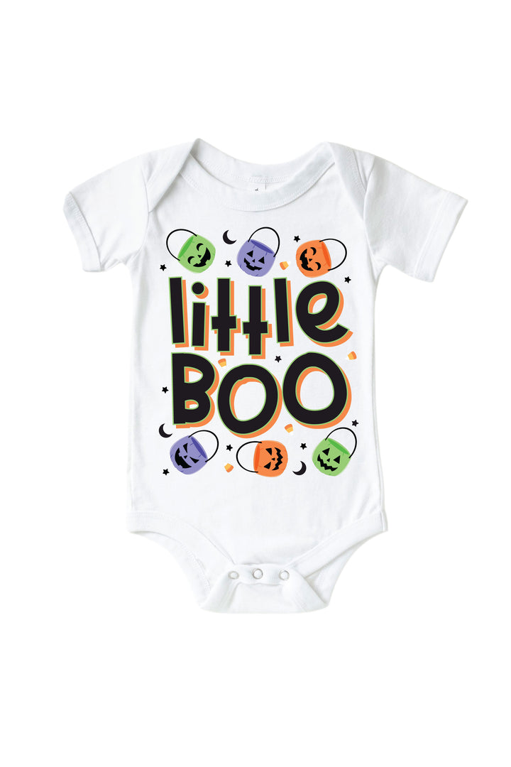 White baby bodysuit with bold black 'Little BOO' lettering surrounded by colorful jack-o-lantern faces and crescent moons