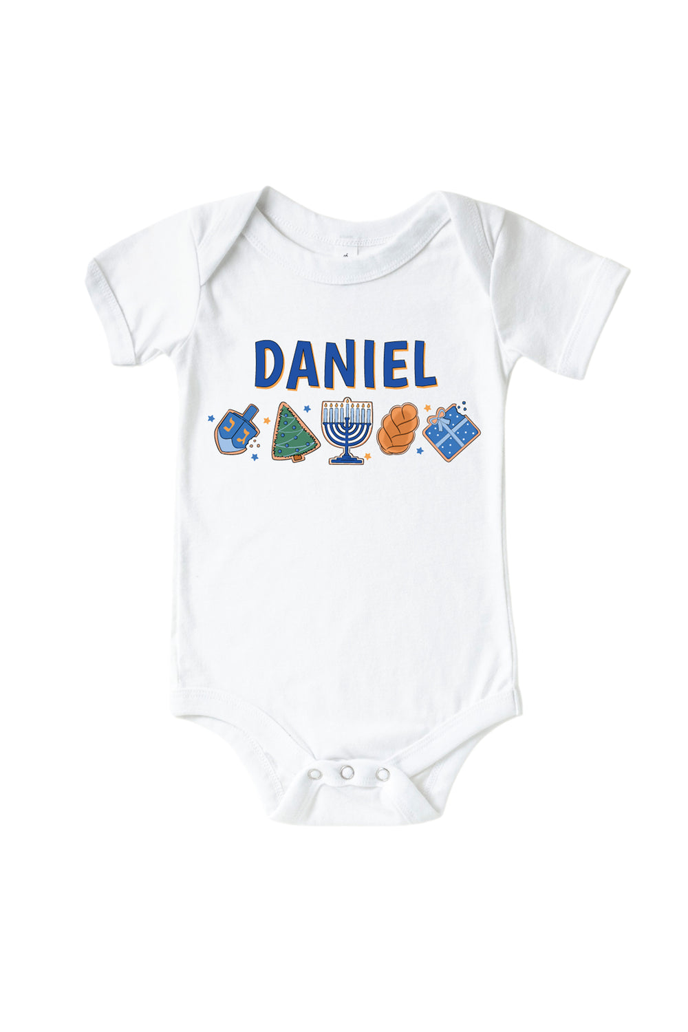 Caden Lane Eight Sweet Nights personalized baby bodysuit with custom name and Hanukkah holiday icons