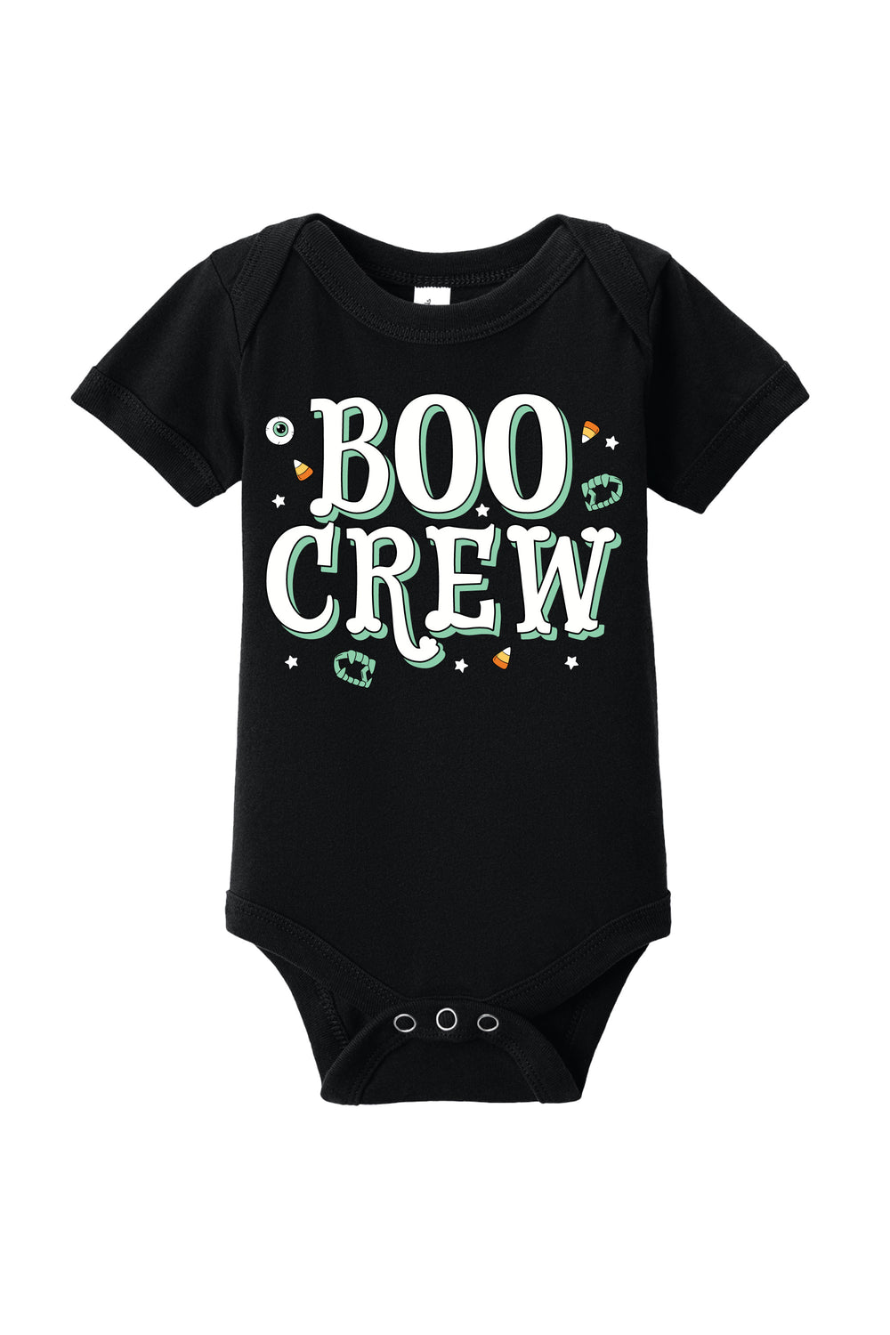 Black baby onesie with 'BOO CREW' text on a white background