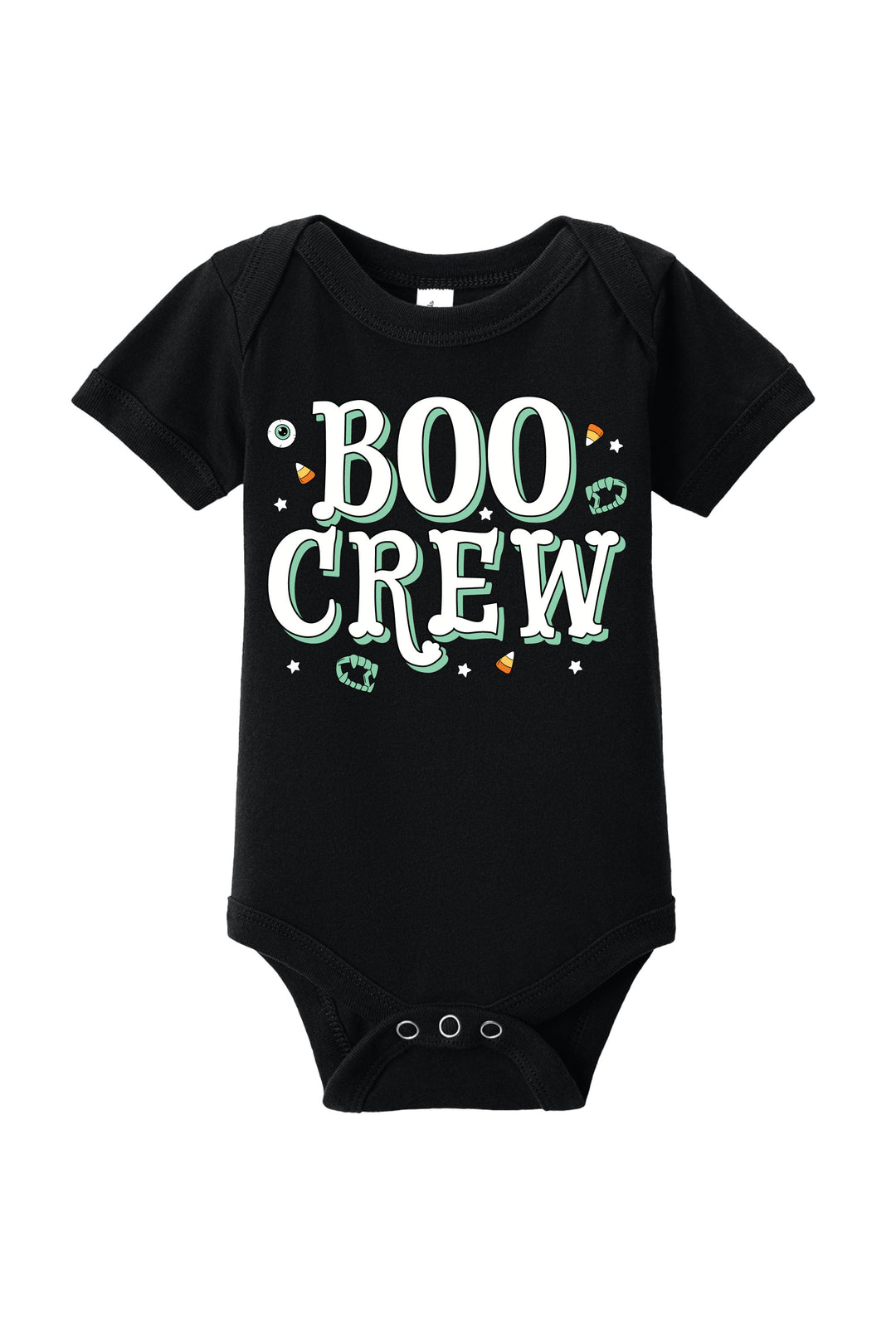 Black baby onesie with 'BOO CREW' text on a white background