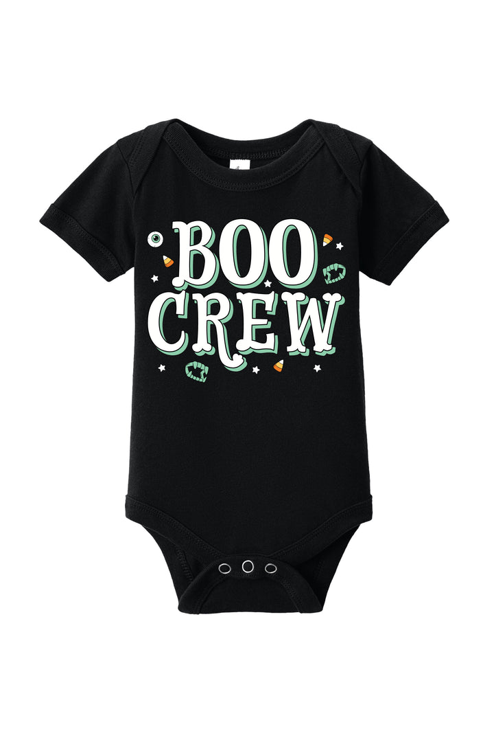 Black baby onesie with 'BOO CREW' text on a white background