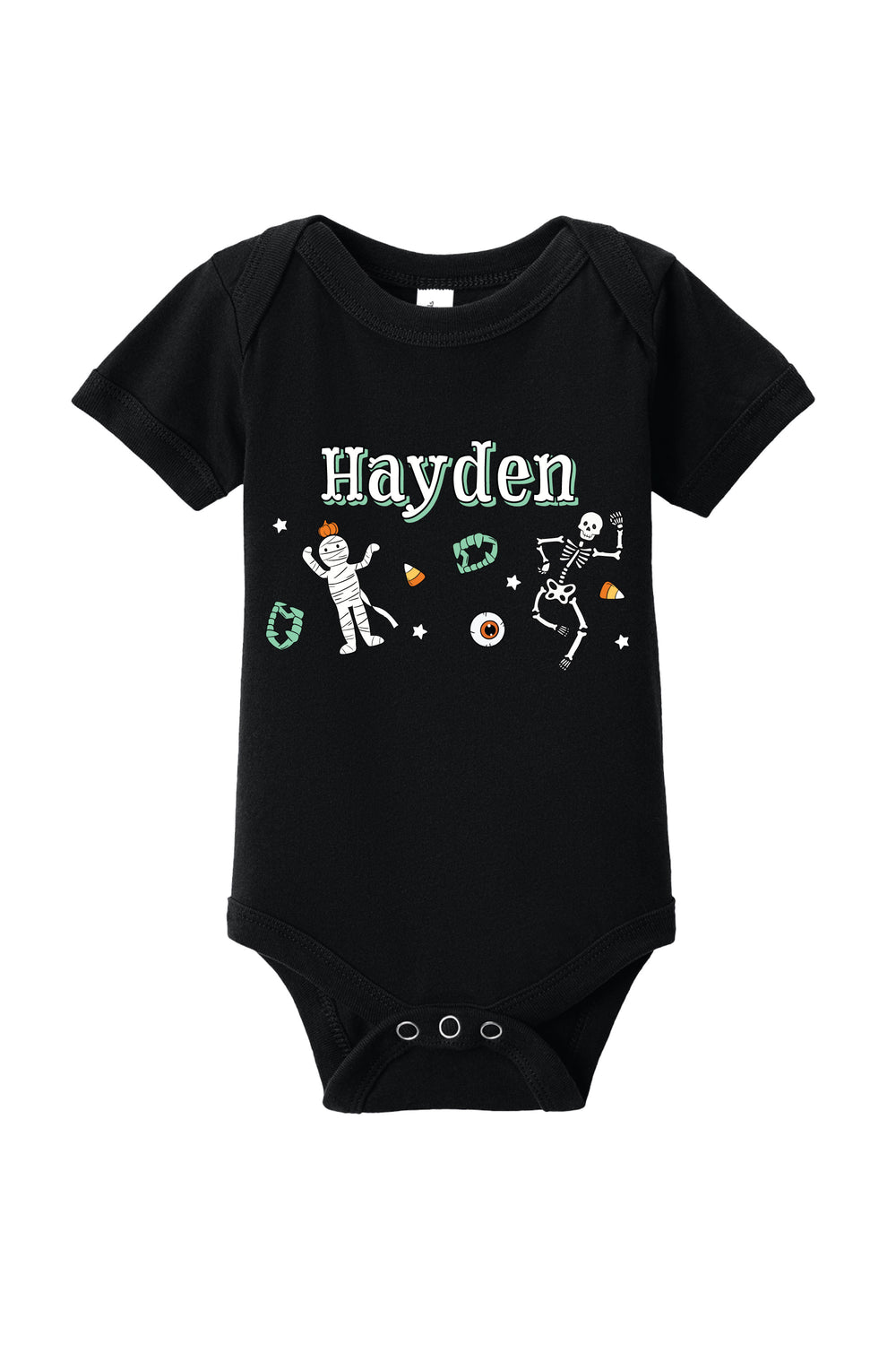Black baby onesie personalized with the name 'Hayden' and Halloween graphics including dancing skeletons, an eyeball, and candy corn.
