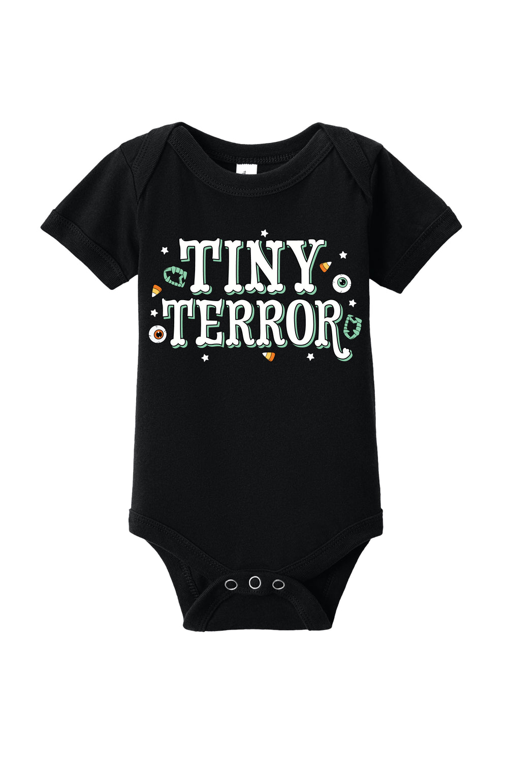 Black baby onesie with 'Tiny Terror' text on a white background