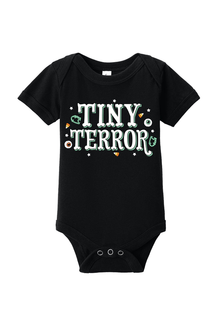 Black baby onesie with 'Tiny Terror' text on a white background