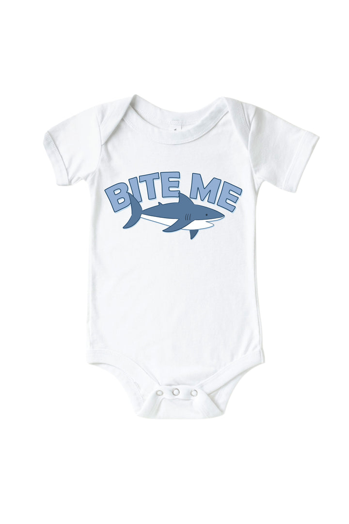 bite me shark graphic tee for toddlers in white