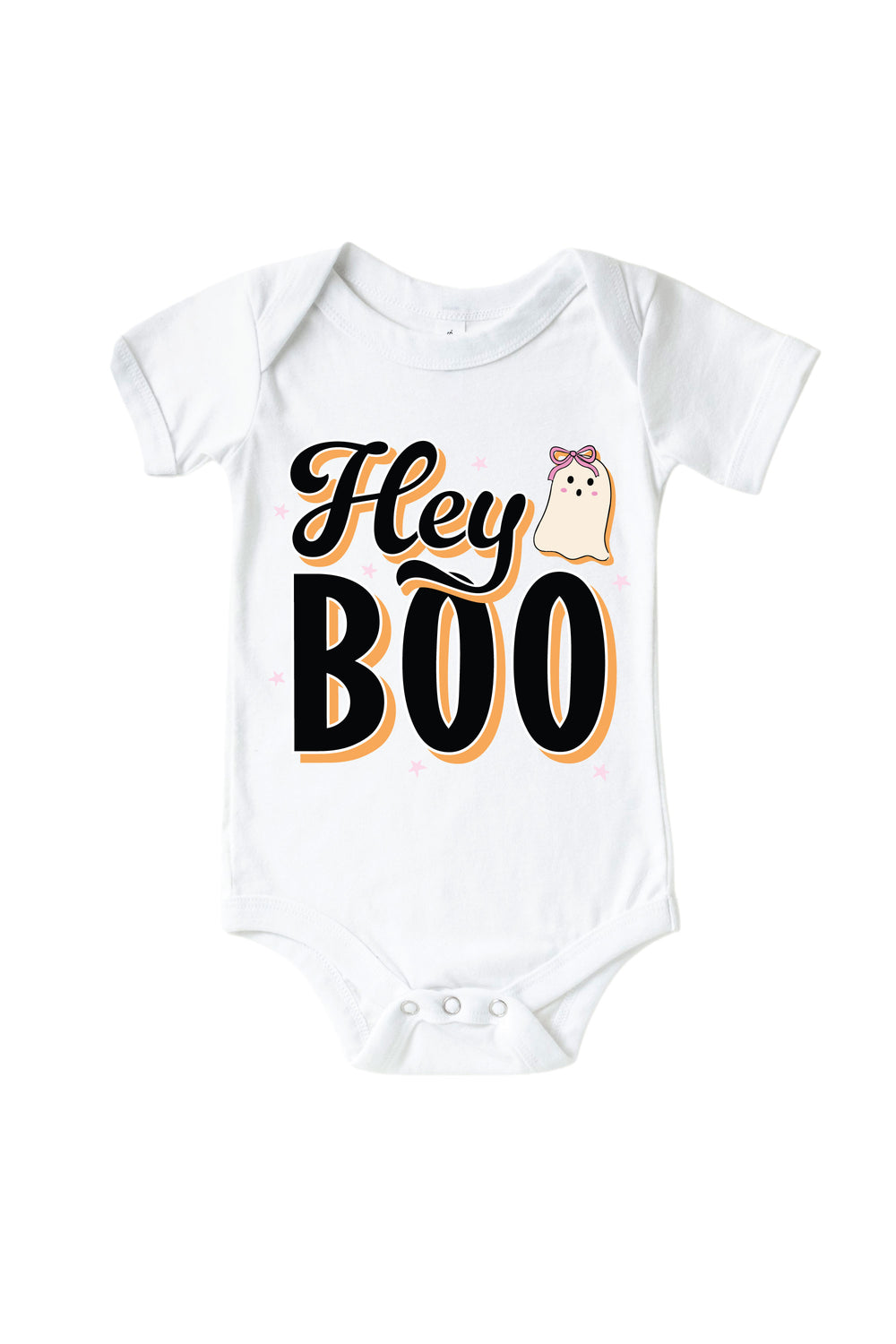 White baby bodysuit printed with 'Hey Boo' text and a pink-bowed ghost illustration.
