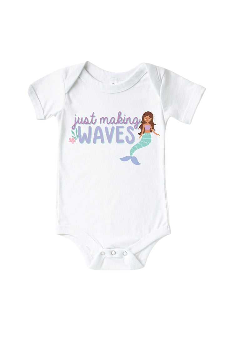 just making waves mermaid graphic kids tee and baby bodysuit in white, flat lay