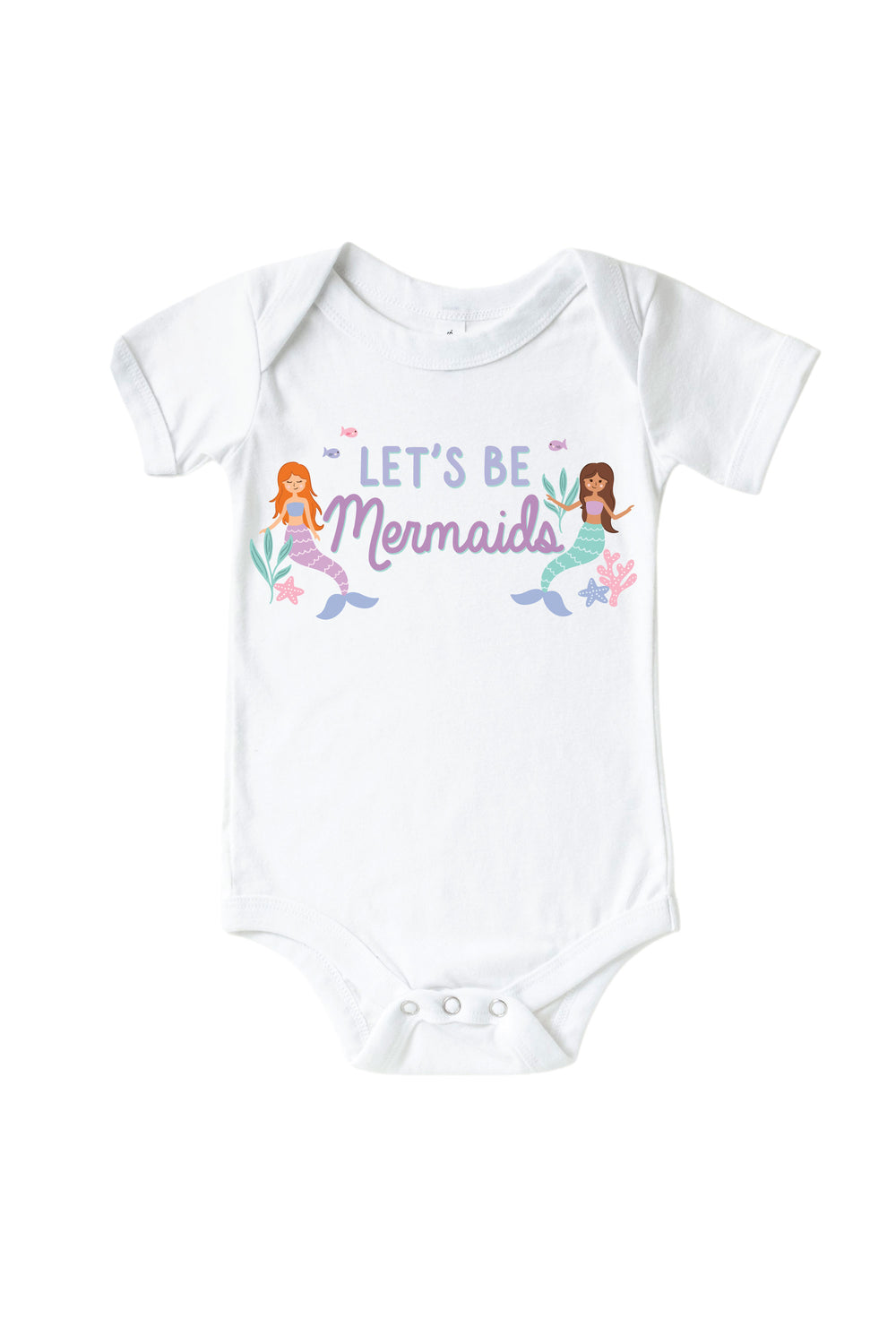 let's be mermaids mermaid graphic kids tee and baby bodysuit in white, flat lay