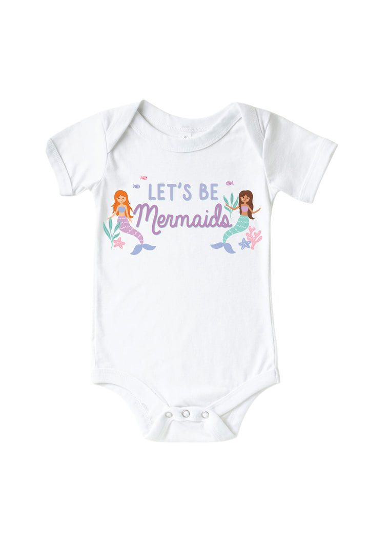 let's be mermaids mermaid graphic kids tee and baby bodysuit in white, flat lay