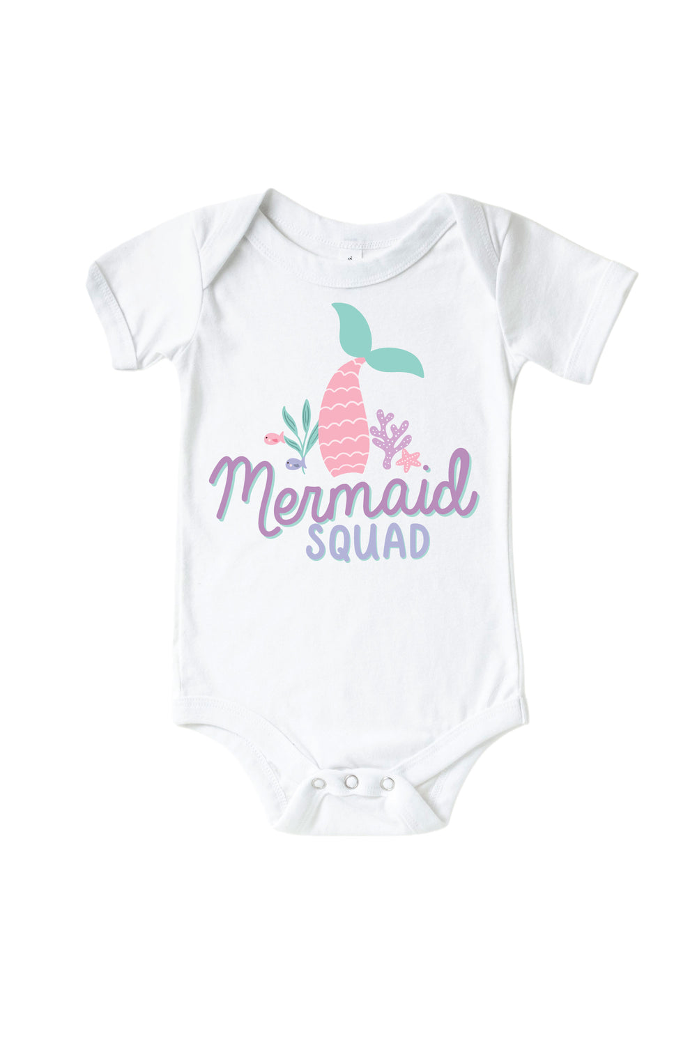 mermaid squad mermaid graphic kids tee and baby bodysuit in white, flat lay