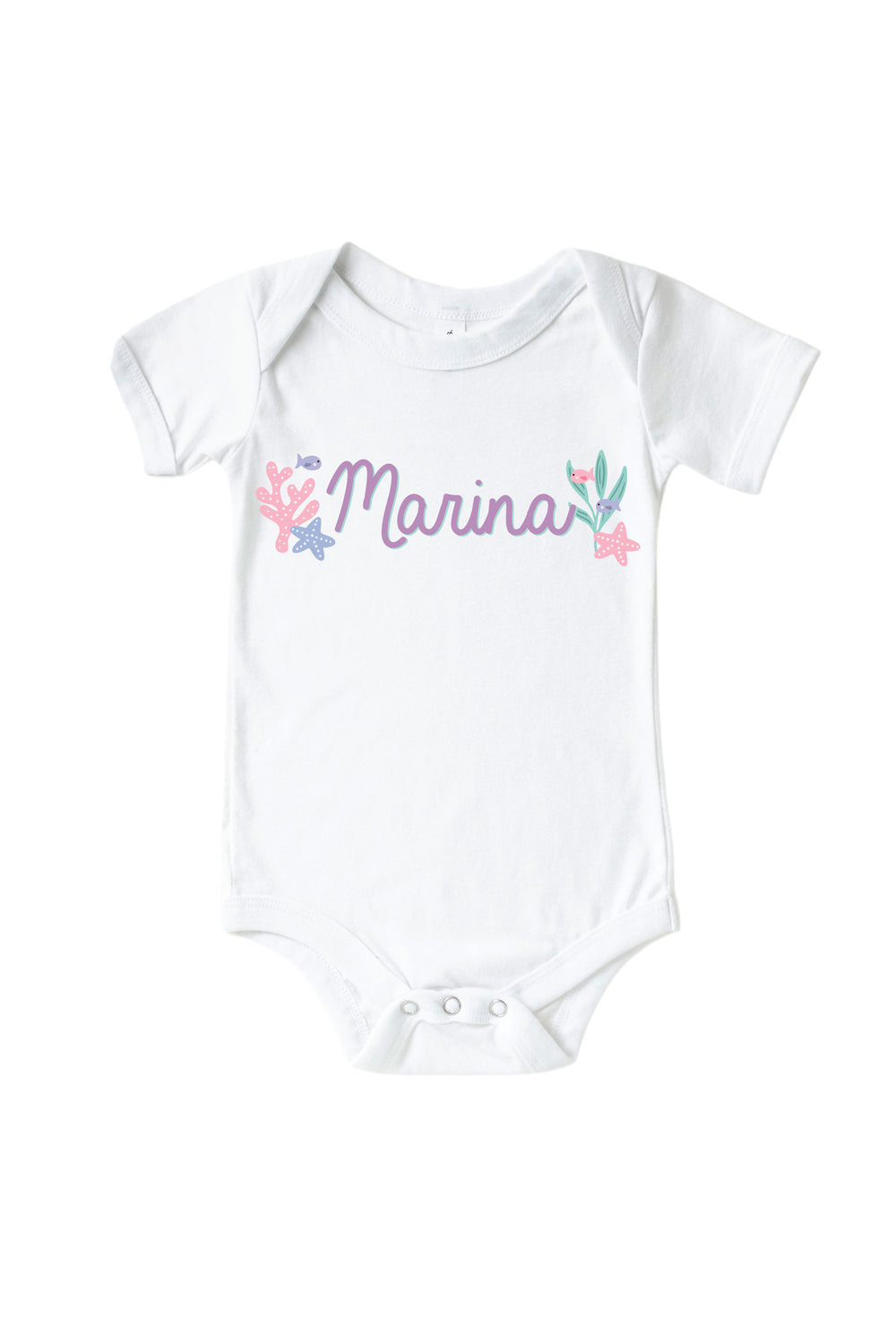 personalized mermaid graphic kids tee and baby bodysuit in white, flat lay view