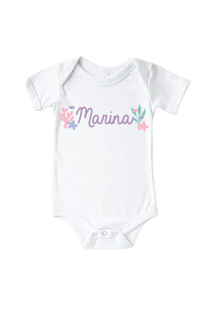personalized mermaid graphic kids tee and baby bodysuit in white, flat lay view