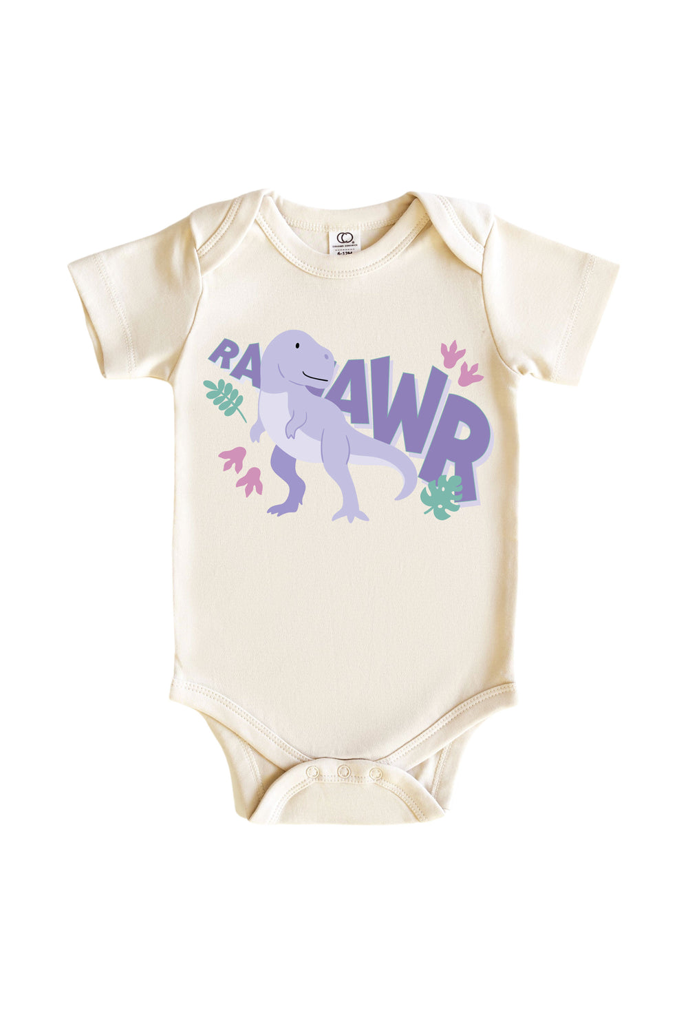 Natural cream baby bodysuit with RAAWR text and a purple T-Rex dinosaur graphic with pink and green leaf accents