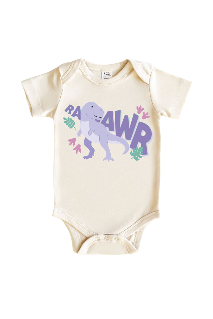 Natural cream baby bodysuit with RAAWR text and a purple T-Rex dinosaur graphic with pink and green leaf accents