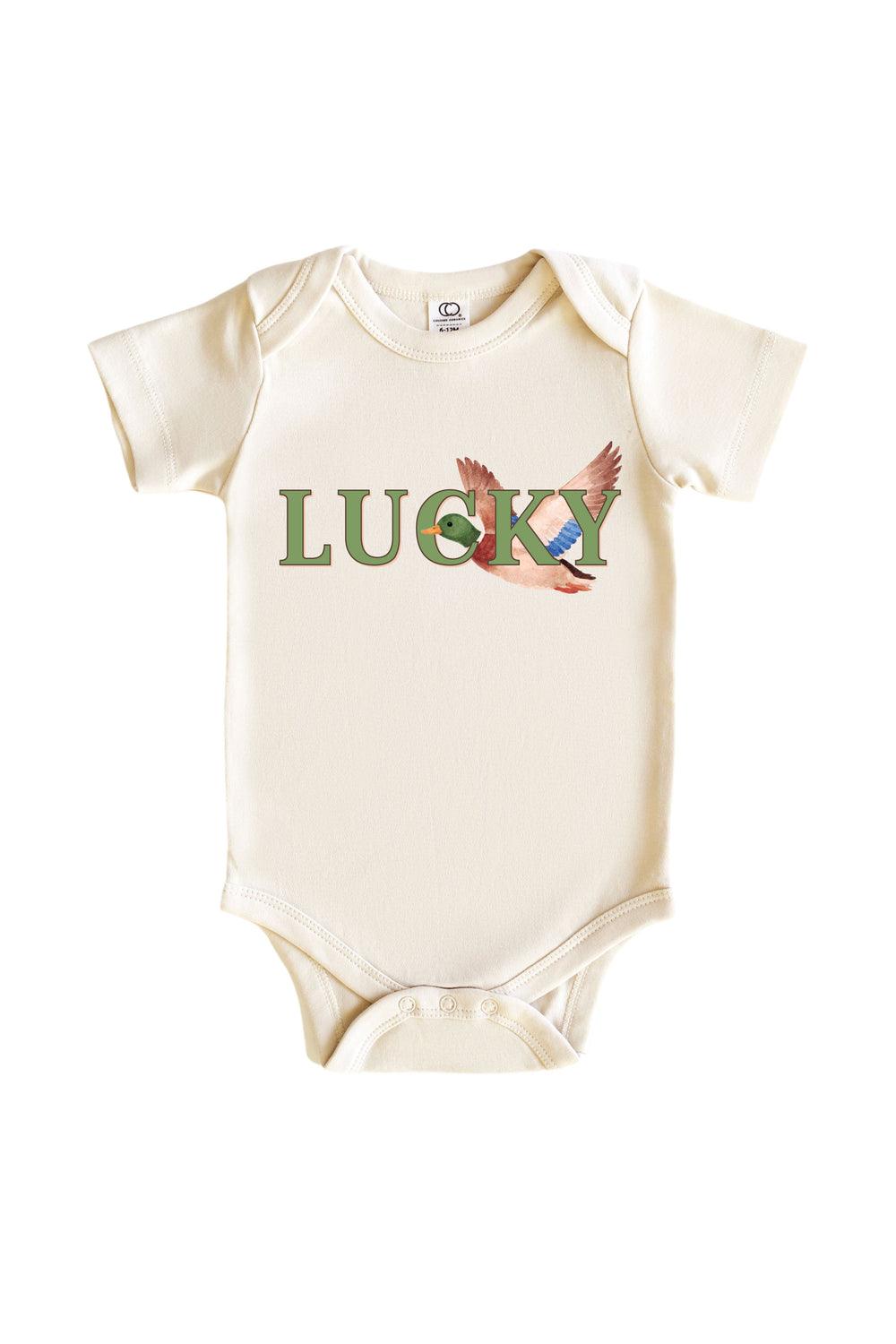 Natural baby bodysuit with LUCKY text and flying mallard duck illustration on front