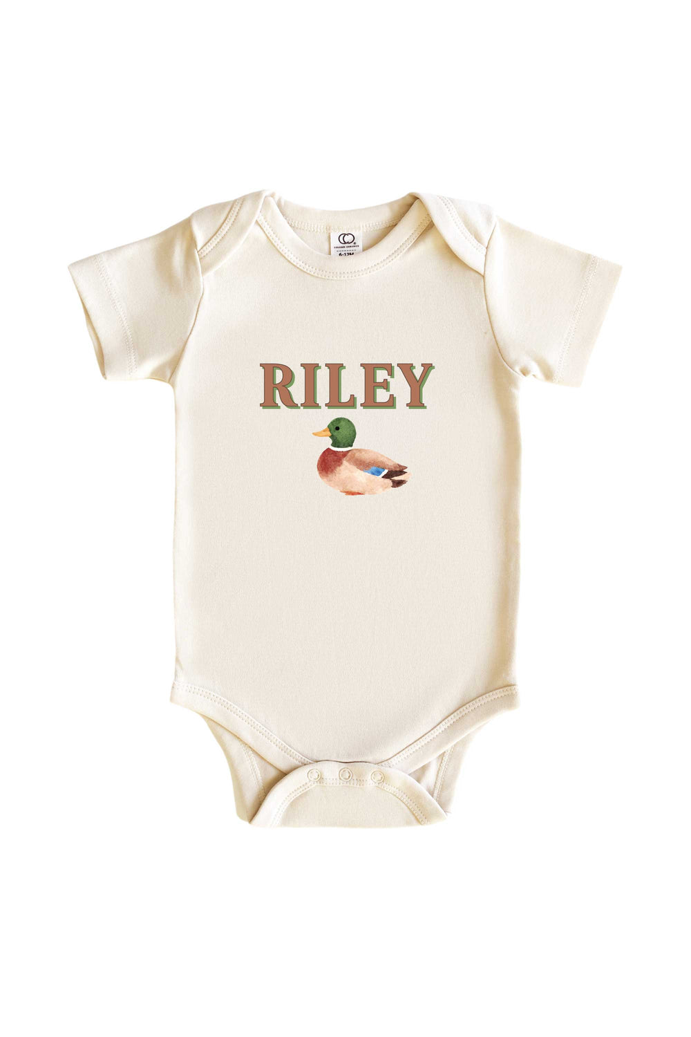 Personalized natural little mallard duck graphic baby bodysuit with custom name printed below the duck illustration