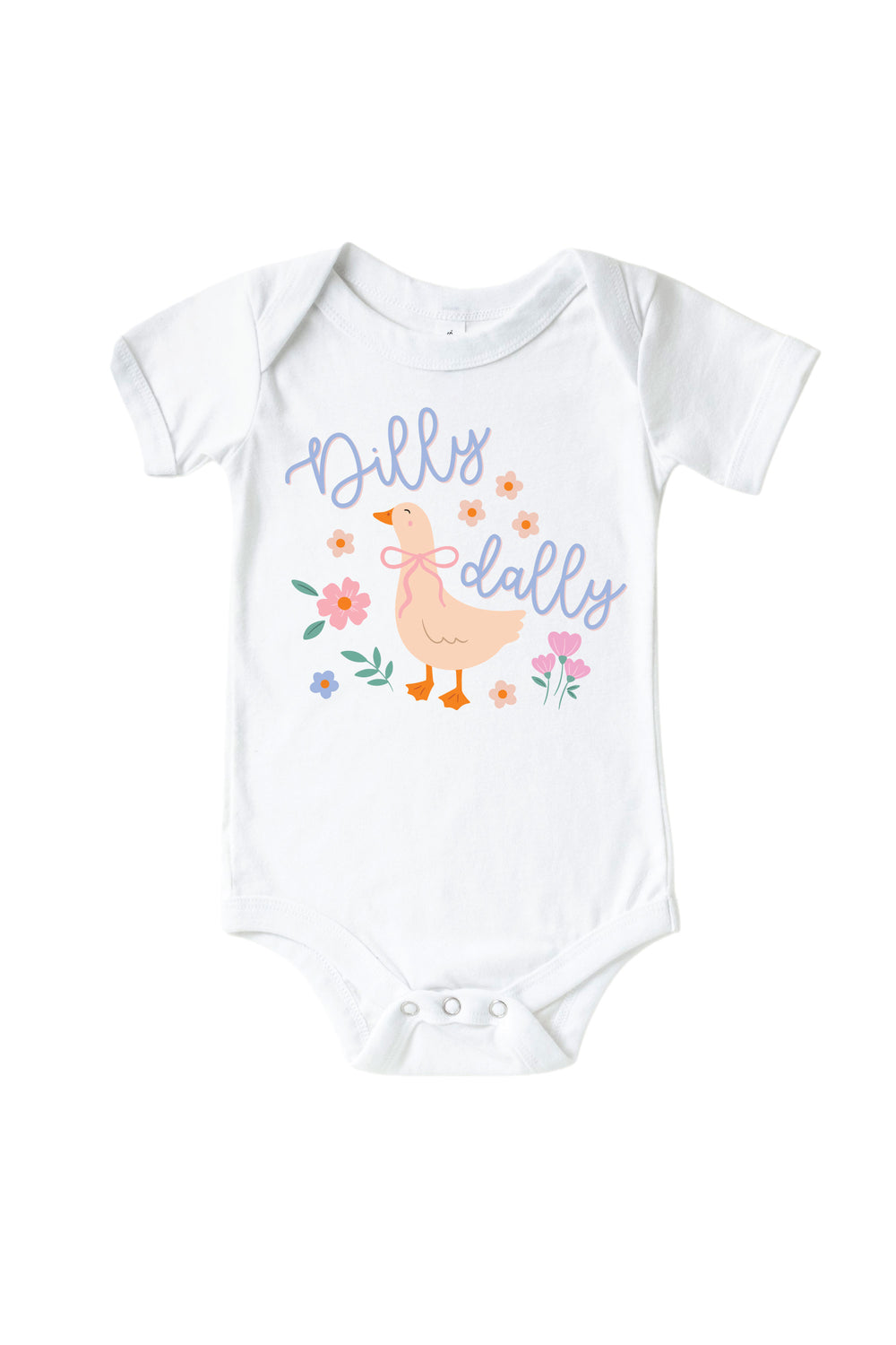 White baby bodysuit mockup with Dilly Dally graphic featuring a goose with flowers and script text on a white background