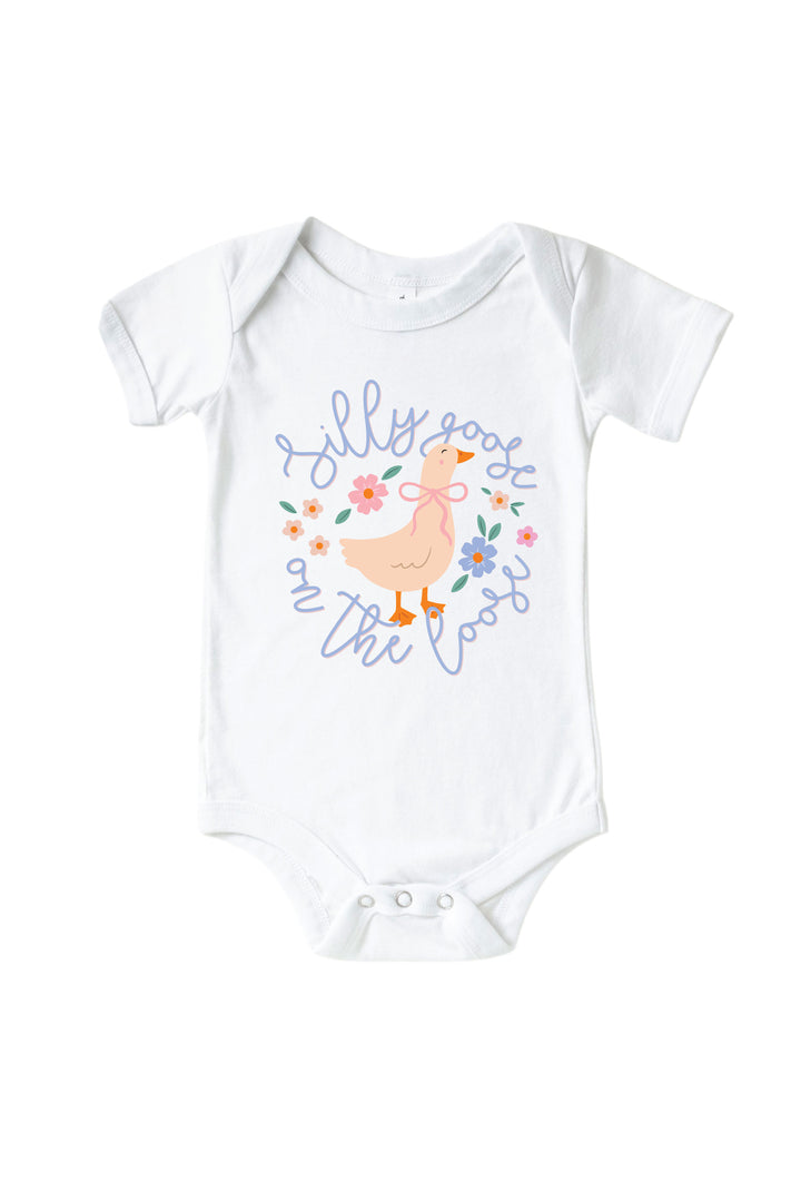 White baby bodysuit mockup with Silly Goose On The Loose graphic featuring a goose surrounded by flowers and script text on a white background