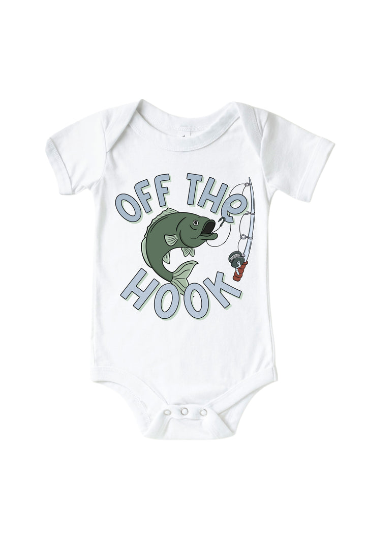 Off The Hook baby bodysuit with fish hooking graphic and Off The Hook text flat lay on white background