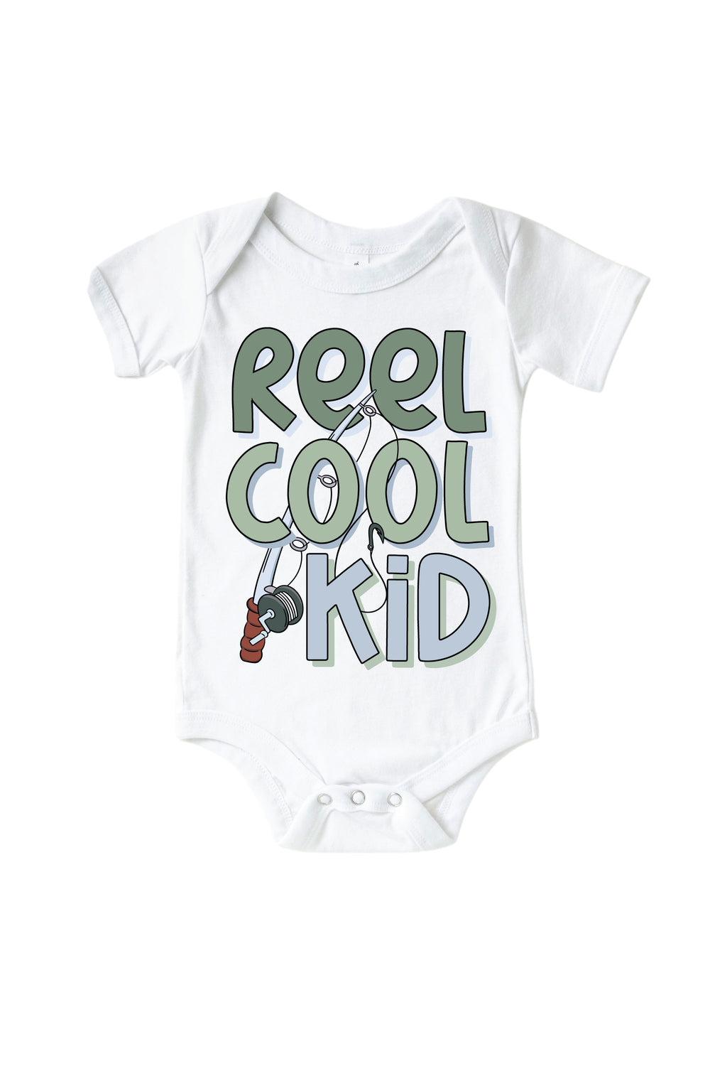 Reel Cool Kid baby bodysuit with fishing rod graphic flat lay on white background