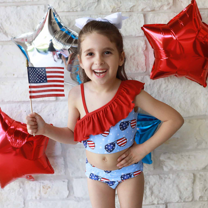 girls flag sunglasses one shoulder bikini with ruffles 