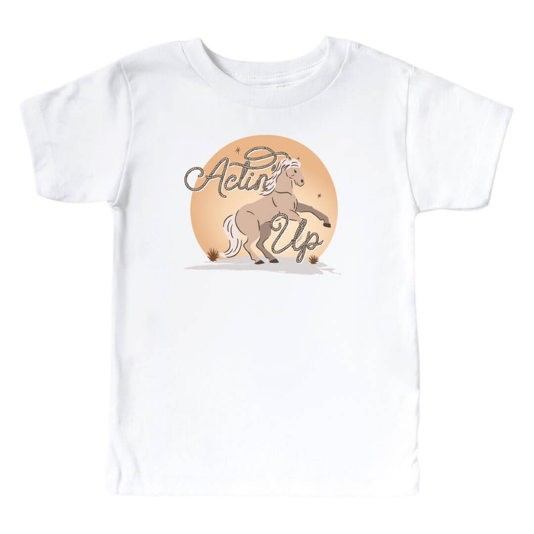 kids graphic white tee with actin up text and horse print - caden lane