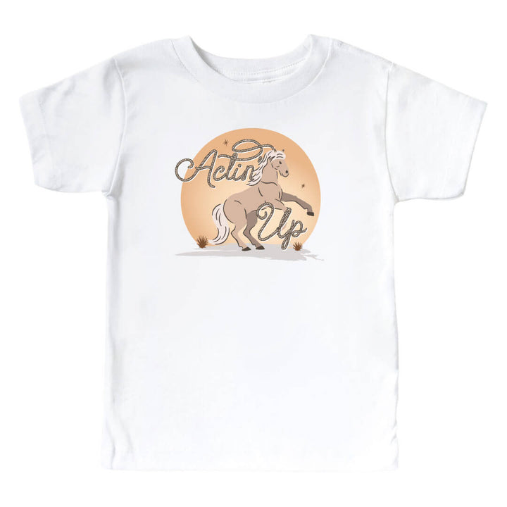 kids graphic white tee with actin up text and horse print - caden lane