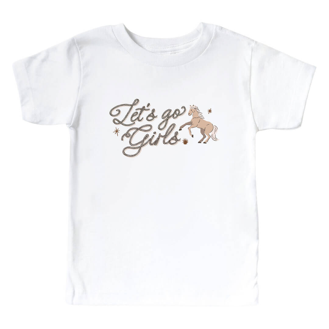 girl kids graphic white tee with let's go girls text and horse print - caden lane