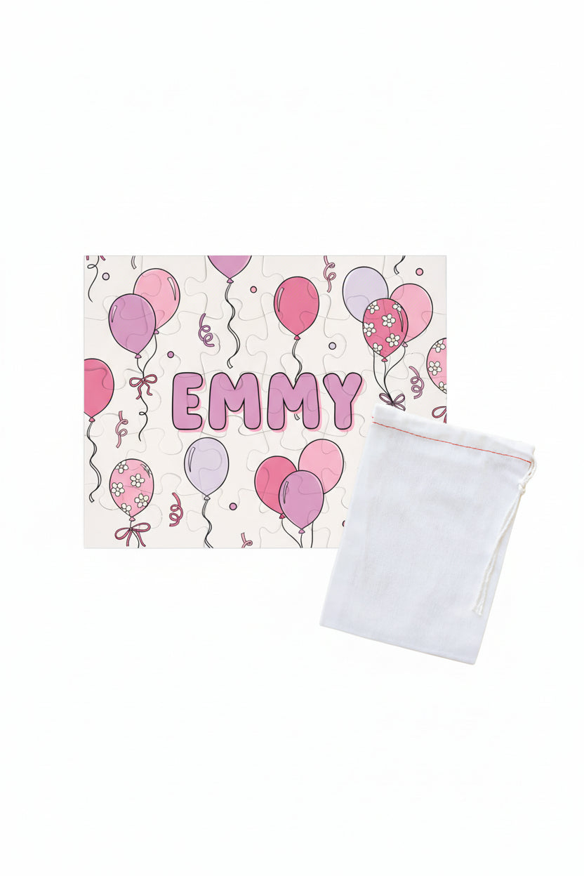 pink and purple balloon personalized puzzle for kids with drawstring bag