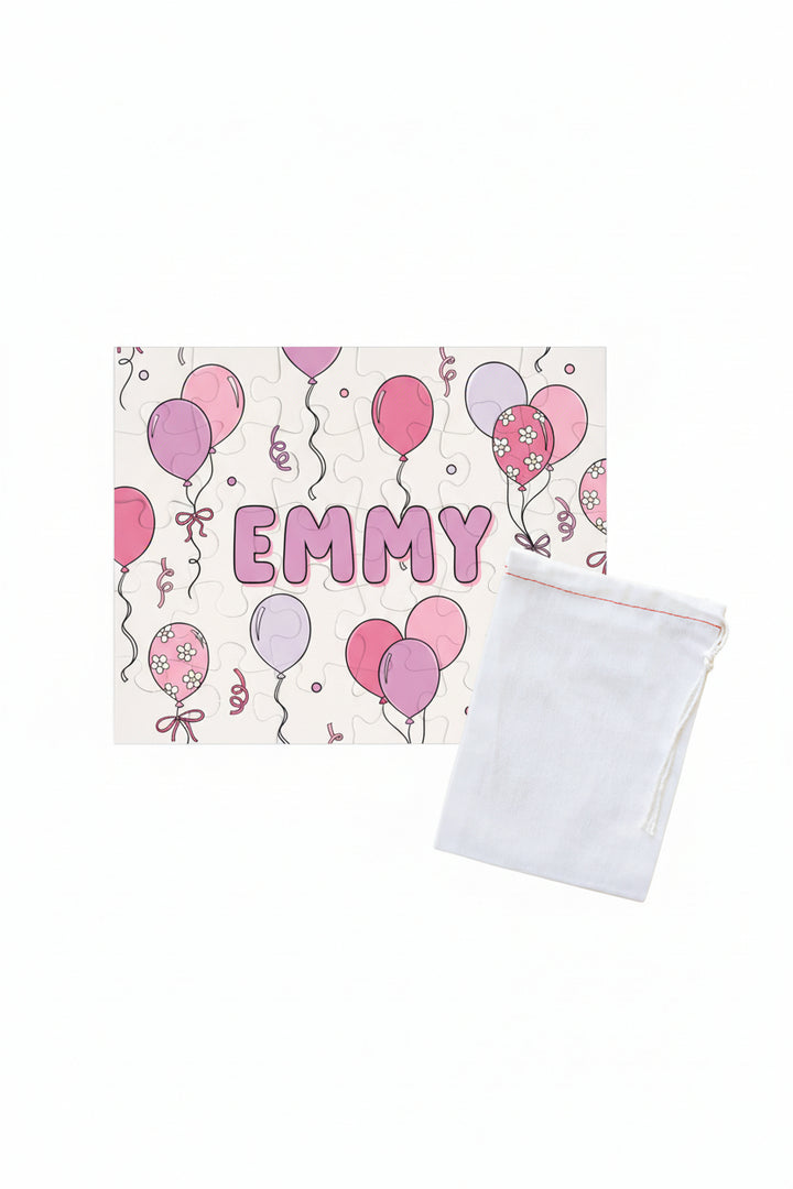 pink and purple balloon personalized puzzle for kids with drawstring bag
