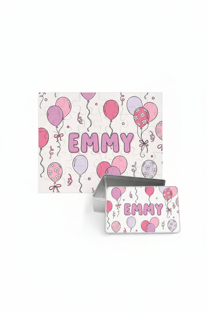pink and purple balloon personalized puzzle for girls with matching tin 