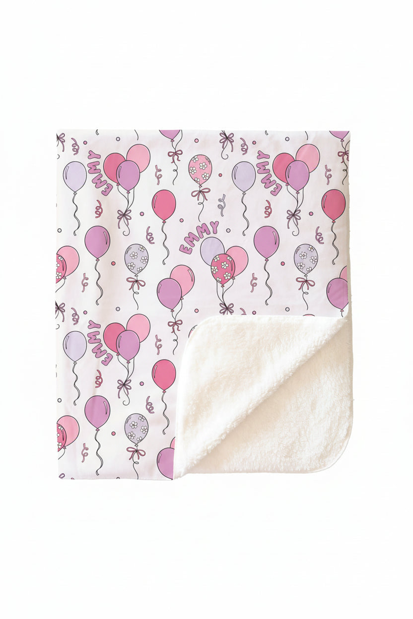 pink balloon personalized sherpa blanket for girls 