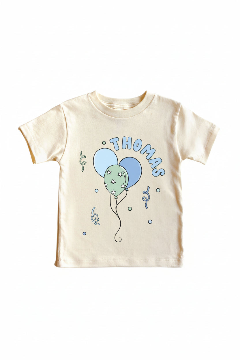 blue and green balloon personalized graphic tee for kids 