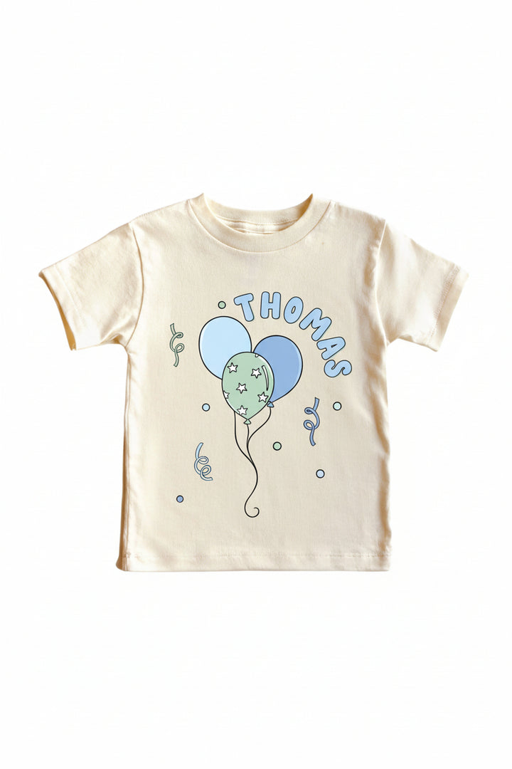 blue and green balloon personalized graphic tee for kids 