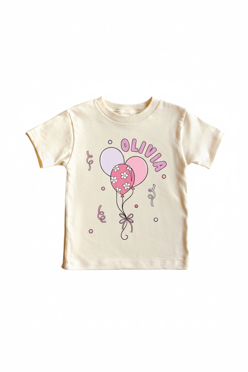 pink balloon personalized kids graphic tee