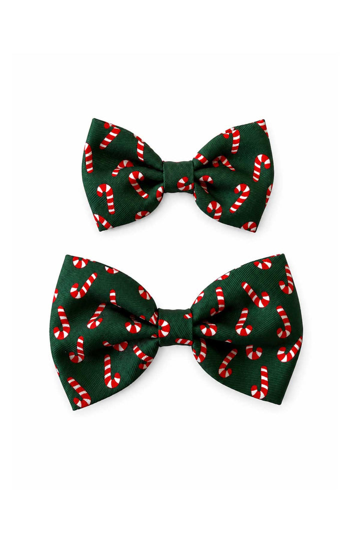 Two Lane & Leash Peppermint Stroll dog bow ties in dark green candy cane print, shown in small and large sizes on a white background