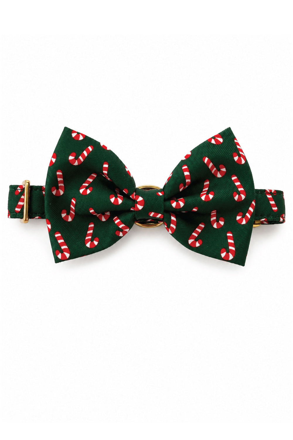 Lane & Leash Peppermint Stroll dog bow tie and collar in dark green candy cane print, shown in small and large sizes on a white background