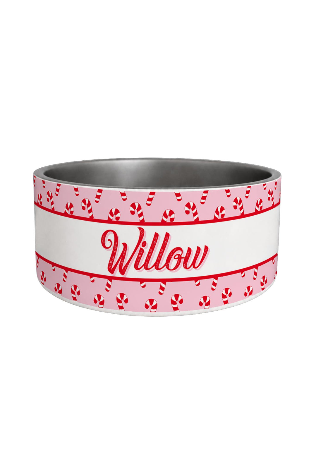 A Lane & Leash personalized pet bowl with a stainless steel interior. The exterior features a white band with the name 'Willow' in red cursive, bordered by red stripes with a red and white candy cane pattern.