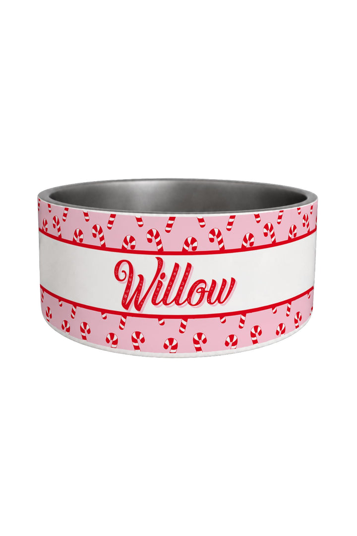 A Lane & Leash personalized pet bowl with a stainless steel interior. The exterior features a white band with the name 'Willow' in red cursive, bordered by red stripes with a red and white candy cane pattern.