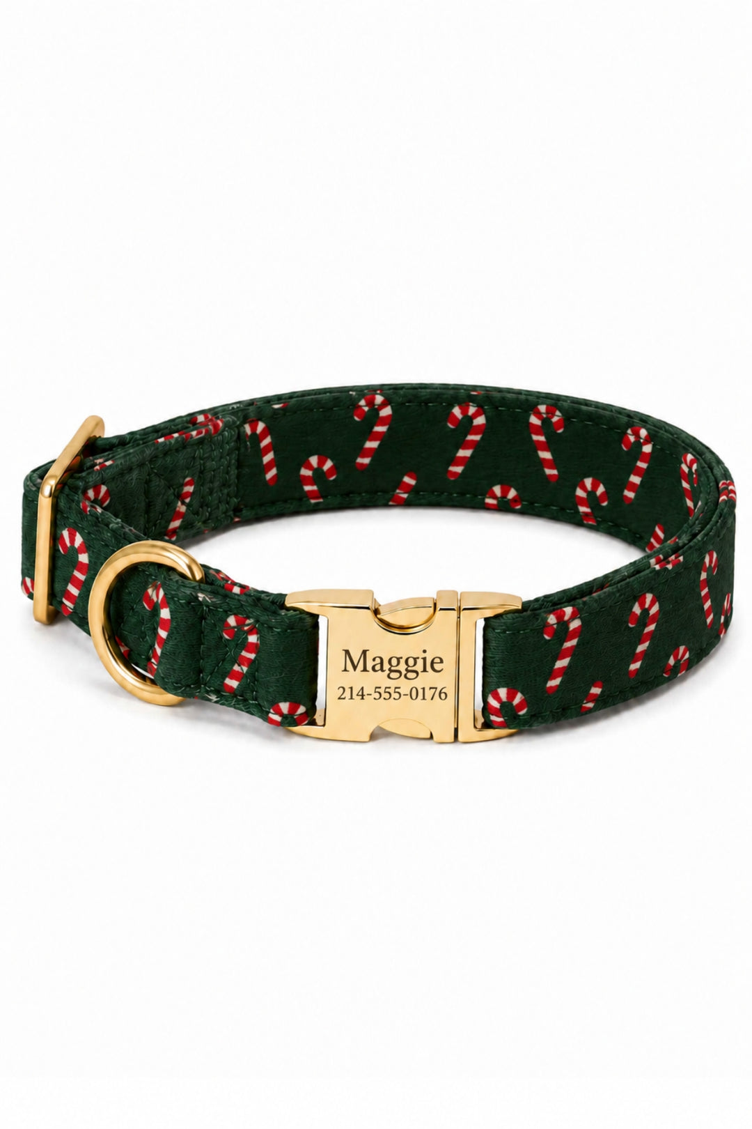Lane & Leash Peppermint Stroll dog collar in dark green with candy cane print, featuring a gold engraved buckle personalized with a name and phone number
