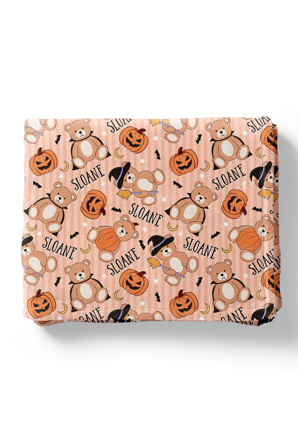 Caden Lane personalized blanket with teddy bears and pumpkins on an orange backdrop