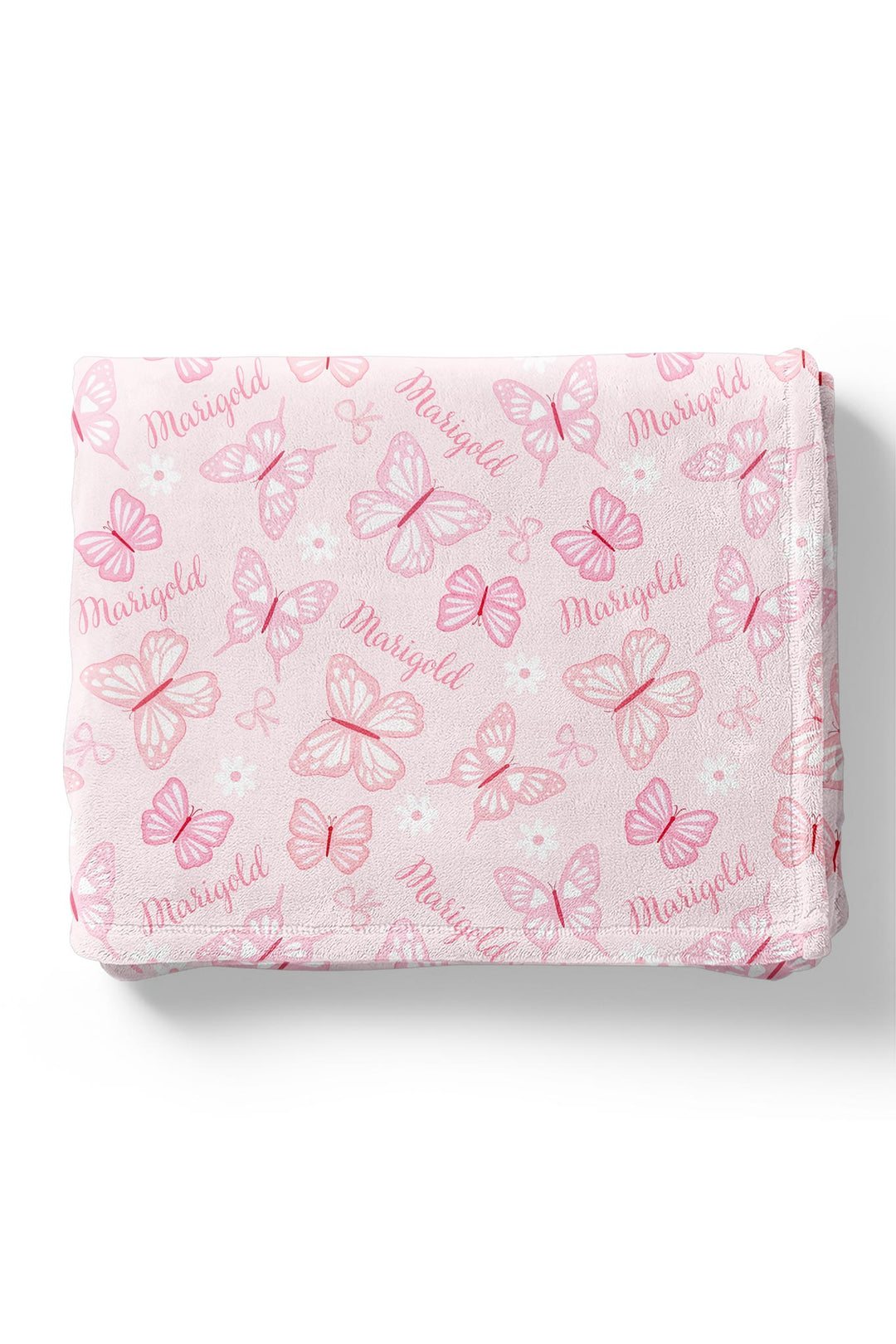 Personalized Kids Blanket in Blooming Butterflies print - blanket folded into a square, showing the pink butterfly print with personalized name repeated throughout the design