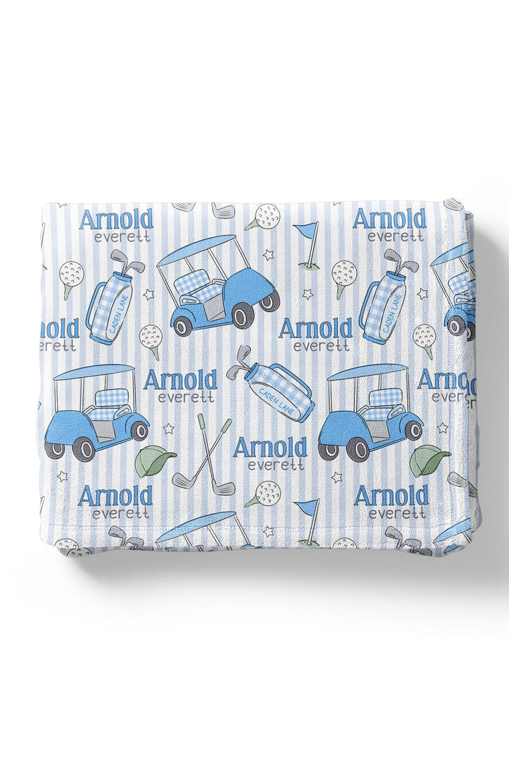 golf caddie crew blue personalized kids blanket, folded
