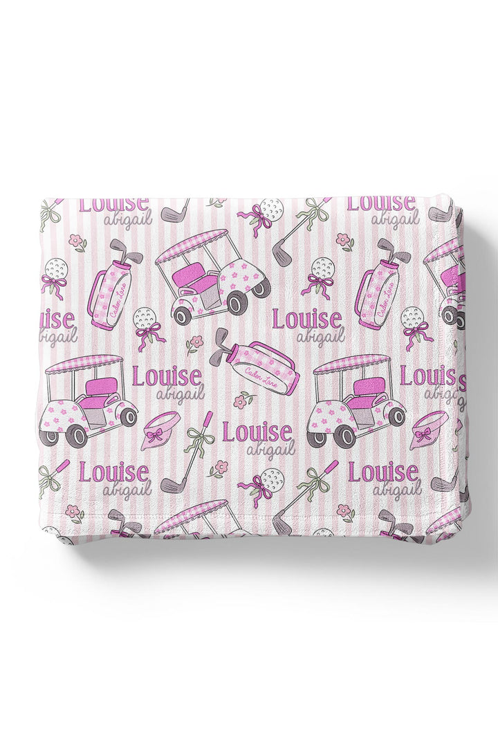 golf caddie crew pink personalized kids blanket, folded