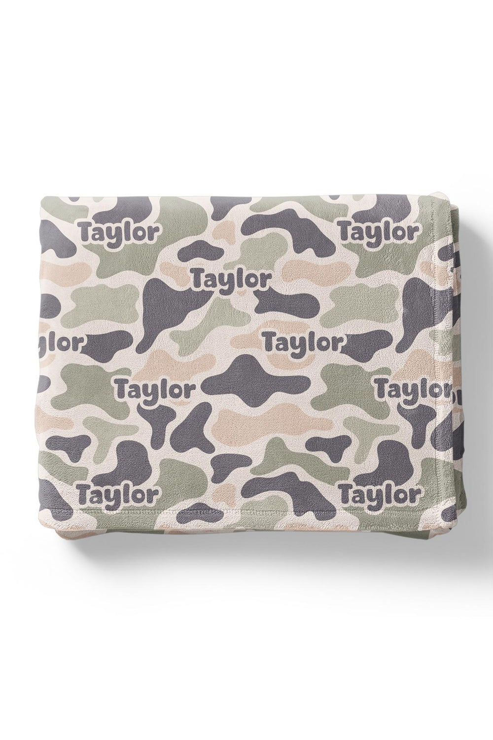 Personalized camo cutie kids blanket folded flat showing camo print in olive, tan, and gray with custom name repeated